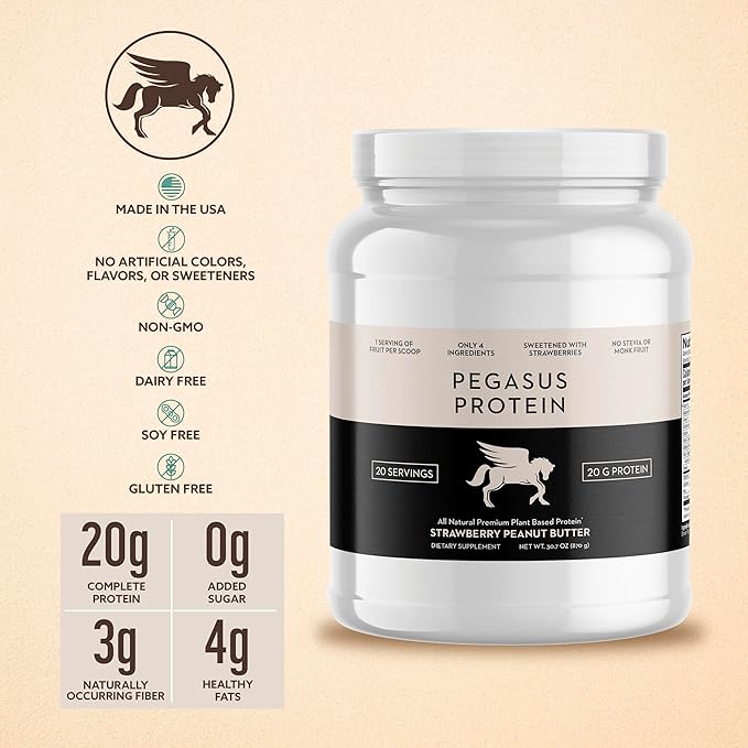 Only 4 Ingredients - No Stevia, No Monk Fruit, No Artificial Sweeteners - Strawberry Peanut Butter Protein Powder, All Natural, Sweetened with Berries (20g of Protein, 20 Servings)