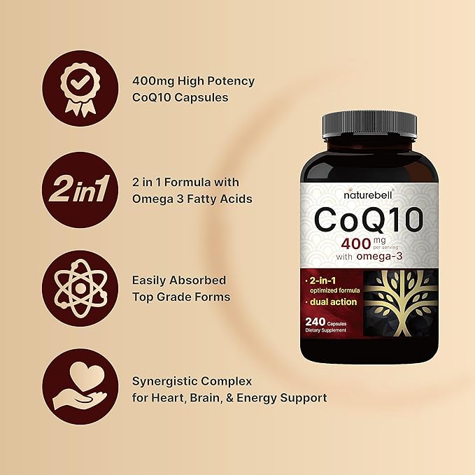 NatureBell CoQ10 400mg with Omega 3 Fatty Acids, 240 Capsules | Stable High Absorption Form – Antioxidant Support for Heart & Energy Health – Extra Strength Coenzyme Q10 Supplement