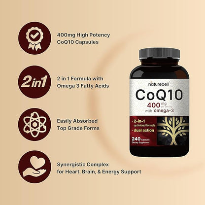 NatureBell CoQ10 400mg with Omega 3 Fatty Acids, 240 Capsules | Stable High Absorption Form – Antioxidant Support for Heart & Energy Health – Extra Strength Coenzyme Q10 Supplement