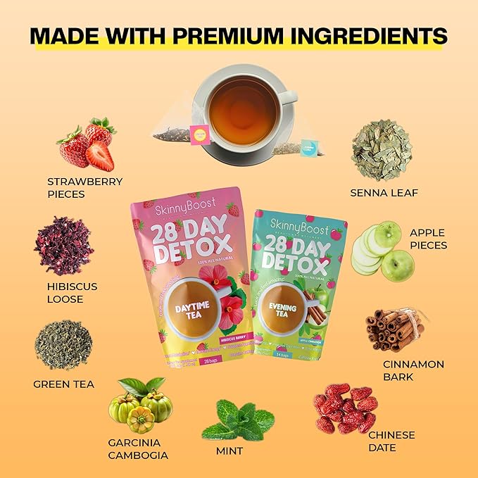 SkinnyBoost 28 Day Detox Tea Kit-1 Daytime Hibiscus (28 Bags) 1 Evening Apple Cinnamon(14 Bags) Non GMO, Vegan, All Natural, Green Tea and Herbal Teas for Natural Detox and Cleanse, Reduce Bloating