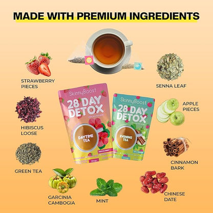 SkinnyBoost 28 Day Detox Tea Kit-1 Daytime Hibiscus (28 Bags) 1 Evening Apple Cinnamon(14 Bags) Non GMO, Vegan, All Natural, Green Tea and Herbal Teas for Natural Detox and Cleanse, Reduce Bloating