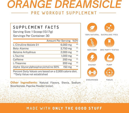 PWDRS PRE Pre-Workout Powder - Energy, Pump, Endurance, Focus, Strength Supplement with Caffeine (Orange Dreamsicle)