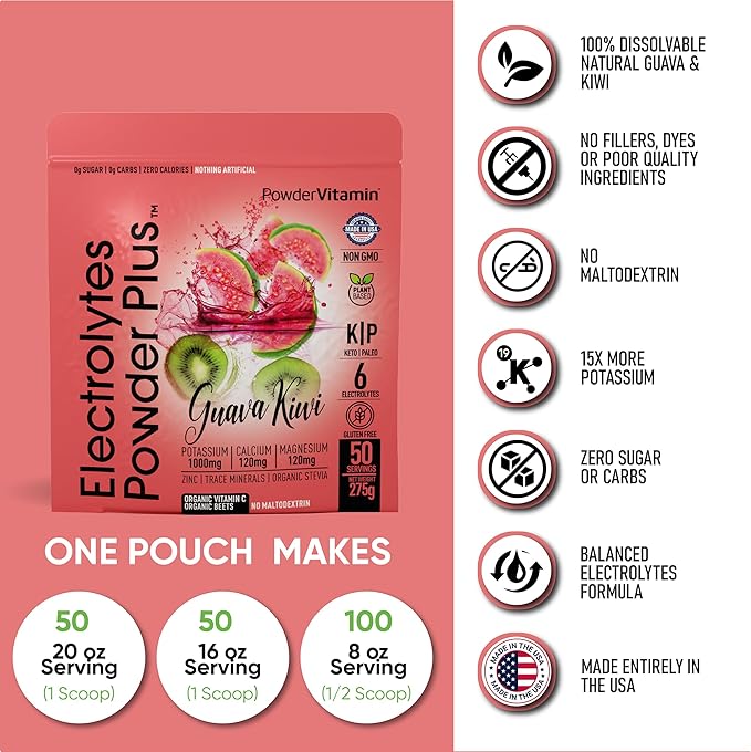 Electrolytes Powder Plus (50 Servings) Guava Kiwi Electrolyte Powder Zero Calorie Keto, 0 Sugar, No Maltodextrin,1000mg Potassium,120mg Calcium,120mg Magnesium, Hydration Powde