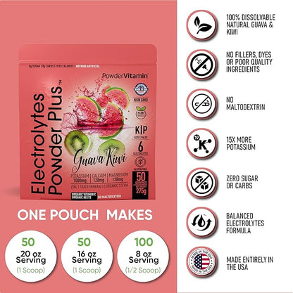 Electrolytes Powder Plus (50 Servings) Guava Kiwi Electrolyte Powder Zero Calorie Keto, 0 Sugar, No Maltodextrin,1000mg Potassium,120mg Calcium,120mg Magnesium, Hydration Powde