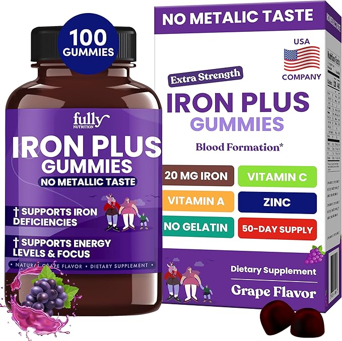 Iron Gummies Supplements for Adults (Women, Men) and Kids – Grape Flavor- Supports Anemia, Energy and Focus Levels – 100 Count