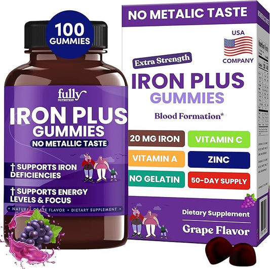 Iron Gummies Supplements for Adults (Women, Men) and Kids – Grape Flavor- Supports Anemia, Energy and Focus Levels – 100 Count