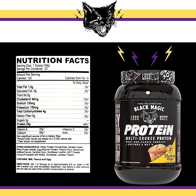 Worldwide Nutrition Bundle: Black Magic Multi-Source Protein Powder - Whey, Egg Albumin Enzymes, Micellar Casein & MCTs - Bodybuilding -Blueberry Muffin Flavor - 2 LB & Multi-Purpose Keychain