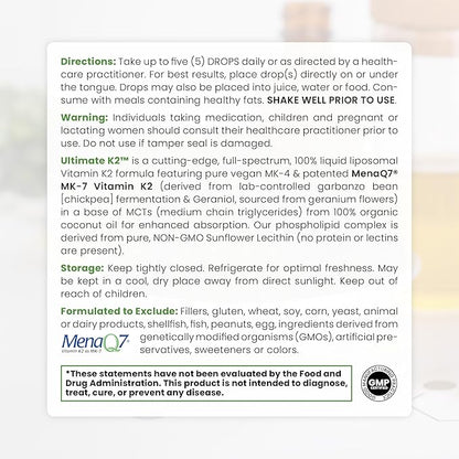 Pure Therapro Rx Ultimate K2 Supplement | Liquid Liposomal Vitamin K2 Drops | 180 Serving | 600mcg Vegan K2 as MK4 & MenaQ7 MK7 | Supports Bone Health, Heart Health, Skin & Hair | 20 mL