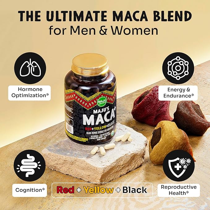 Maju Superfoods 4-in-1 Maca Root Capsules, Organic Black, Yellow & Red Roots w Black Pepper Extract for Absorption (120 ct) | Peru Product, Peruvian Powder, Men & Women Supplement, 60,000 mg