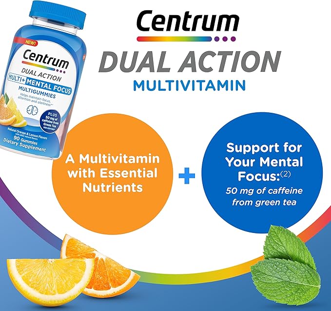 Centrum MultiGummies Multi+ Dual Action Mental Focus Adult Multivitamin with Caffeine from Green Tea, Supports Mental Focus, Attention and Alertness, Lemon/Orange Flavors - 90 Count