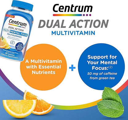 Centrum MultiGummies Multi+ Dual Action Mental Focus Adult Multivitamin with Caffeine from Green Tea, Supports Mental Focus, Attention and Alertness, Lemon/Orange Flavors - 90 Count