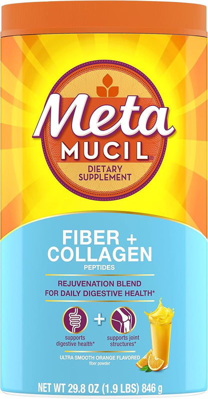 Metamucil Daily Fiber + Collagen, Psyllium Husk Powder, Plant Based, Sugar-Free with Stevia, 3-in-1 Fiber for Digestive Health, Orange Flavored, 90 Doses (29.8 OZ Fiber Powder)