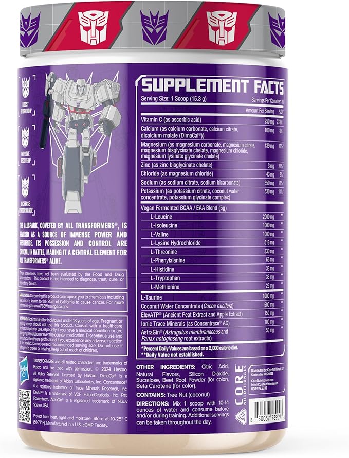 Core Nutritionals | Transformers Allspark Hydration BCAA/EAA Nutritional Supplement Formula (Free Prize Inside - Megatron) - for Adults Ages 18+ (30 Servings, Blood Orange Passion Fruit)