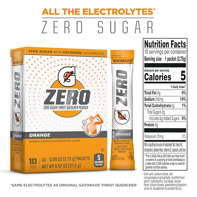 Gatorade G Zero Powder, Orange, 0.10oz Packets,(120 counts) , Pack of 12