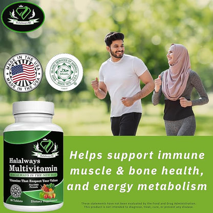 Halalways Multivitamin Certified Halal Multivitamin, Supplement Tablet with Vitamin A, Vitamin C, Vitamin D, Vitamin E and Zinc for Immune Health Support, B12, Calcium & More