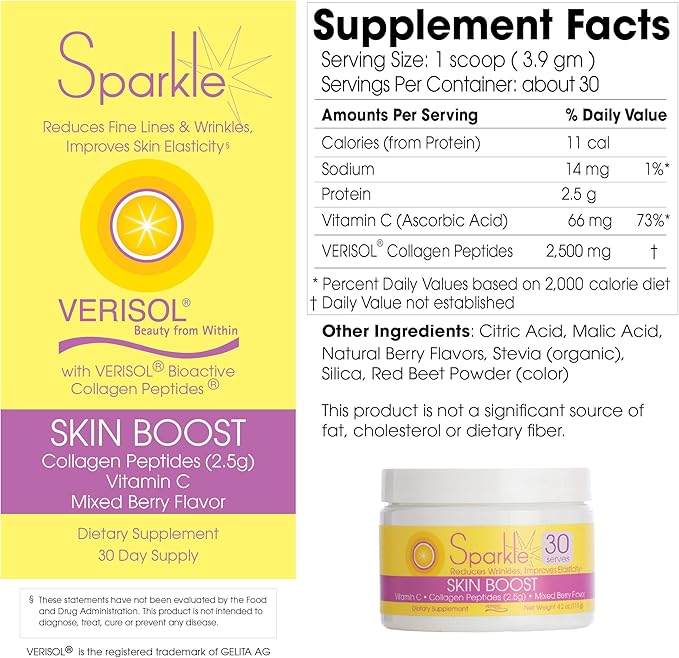 Sparkle Skin Boost (Mixed Berry) [30-Serves] Verisol Collagen Peptides Protein Powder Vitamin C Supplement Drink