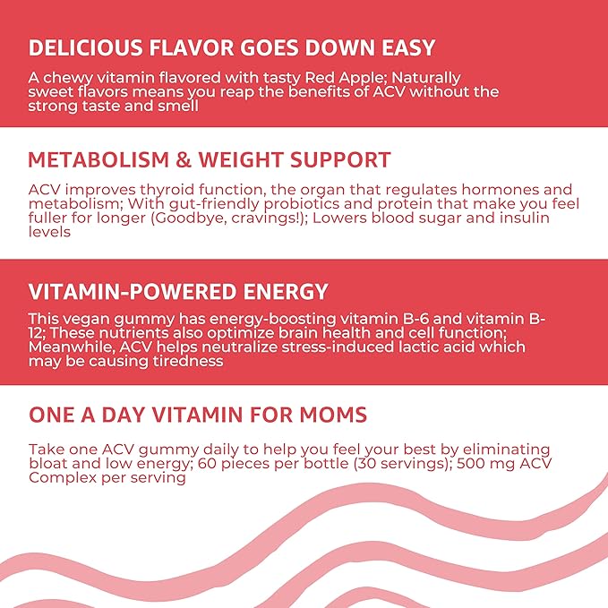 Baby Blues Apple Cider Vinegar Gummies - Vegan, Non-GMO & Gluten-Free, Postpartum Dietary Supplement with Both Vitamin B-6 & B12, 60 Pieces per Bottle