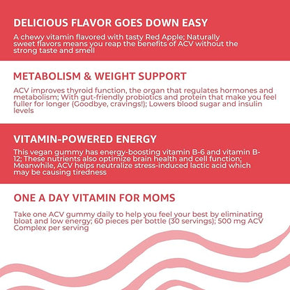 Baby Blues Apple Cider Vinegar Gummies - Vegan, Non-GMO & Gluten-Free, Postpartum Dietary Supplement with Both Vitamin B-6 & B12, 60 Pieces per Bottle