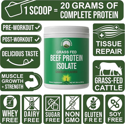 Grass Fed Beef Protein Powder - Lactose Free Great Tasting Beef Protein Isolate. Complete Animal Based Non Dairy Paleo Carnivore Protein Supplement for Prime Muscle Building. No Whey. Chocolate Flavor