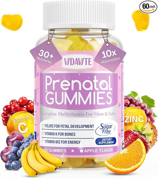 Sugar Free Prenatal Gummies — 30+ Nutrients (Choline, Folate, Iron, Vitamin) for Fetal and Neural Support, Bones, Energy & Immunity — USA-Made Vegan Prenatal Vitamins for Women (60 Gummies)
