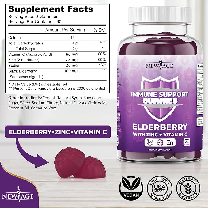 NEW AGE Immune System Support Gummies - Sambucus Black Elderberry Gummies with Vitamin C and Zinc (Immune Support 60 Gummies)