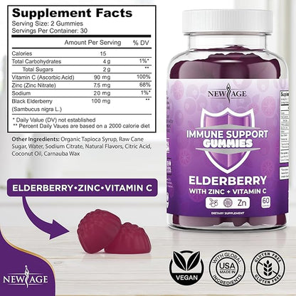 NEW AGE Immune System Support Gummies - Sambucus Black Elderberry Gummies with Vitamin C and Zinc (Immune Support 60 Gummies)