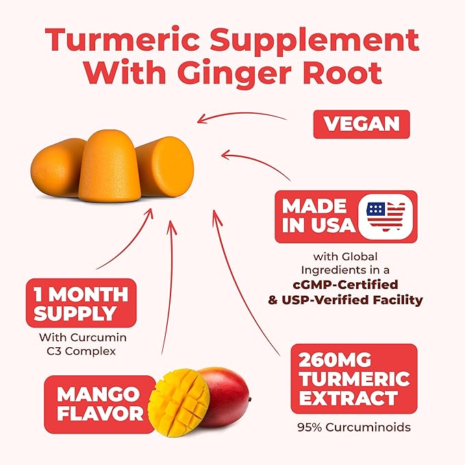 Turmeric Supplement and Ginger Root Gummies Joint Support Supplement - Turmeric Curcumin Supplement 95% Curcuminoids. Tumeric Curcumin C3 Complex for Max Absorption. 60 Mango Flavor Turmeric Gummies
