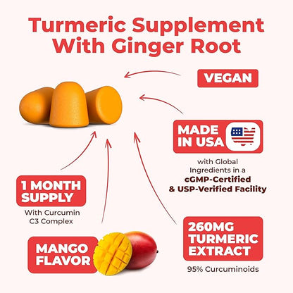 Turmeric Supplement and Ginger Root Gummies Joint Support Supplement - Turmeric Curcumin Supplement 95% Curcuminoids. Tumeric Curcumin C3 Complex for Max Absorption. 60 Mango Flavor Turmeric Gummies