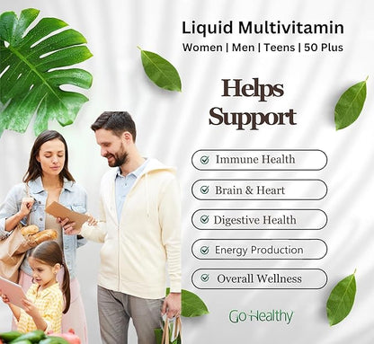 Go Healthy Liquid Multivitamin for Women, Men, Teens, 50 Plus – Vegan Vitamin & Mineral Supplement, Adult Energy & Immune Support, Easy-to-Absorb, Delicious Fruit Flavor – 32 Servings