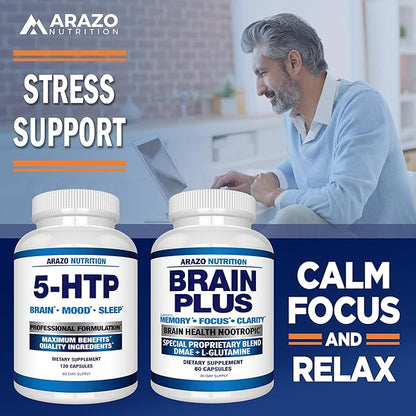 Arazo Nutrition 5-HTP 200 MG Plus Calcium for Mood, Sleep – Supports Calm and Relaxed Mood – 99% High Purity – 120 Capsules