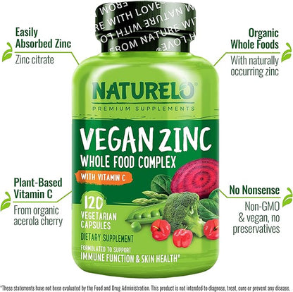 NATURELO Vegan Zinc Immune Support Capsules - Whole Food Complex with Vitamin C for Healthy Skin, Hair, and Nails - 120 Capsules (2 Pack)