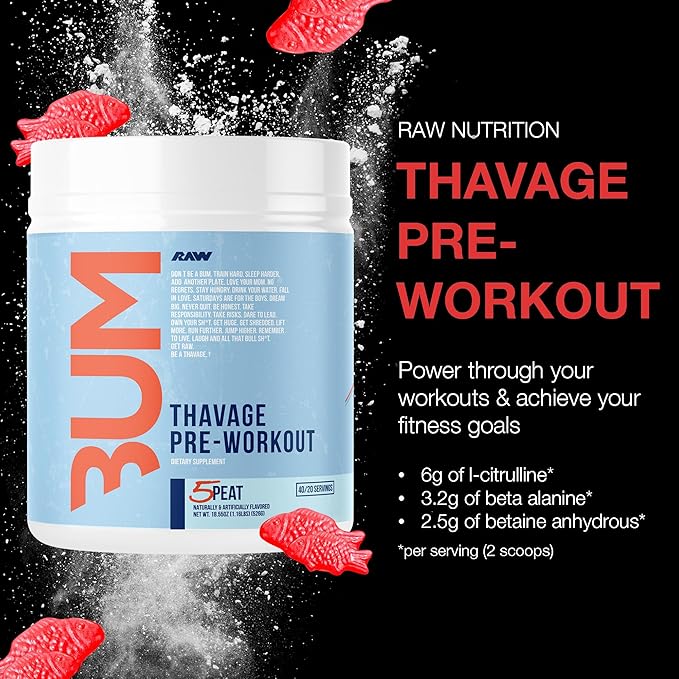 RAW Preworkout Powder, Thavage (5 Peat, Red Gummy) - Chris Bumstead Sports Nutrition Supplement for Men & Women - Cbum Pre Workout for Working Out, Hydration, Mental Focus & Energy - 40 Servings