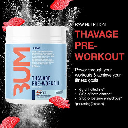 RAW Preworkout Powder, Thavage (5 Peat, Red Gummy) - Chris Bumstead Sports Nutrition Supplement for Men & Women - Cbum Pre Workout for Working Out, Hydration, Mental Focus & Energy - 40 Servings