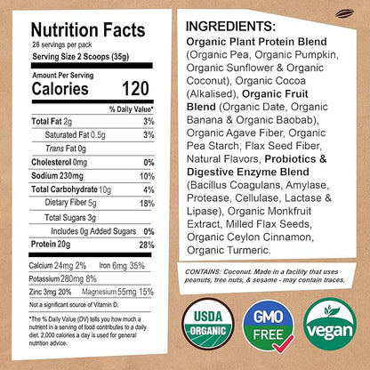 EarthChimp Organic Vegan Protein Powder - with Probiotics - Non GMO, Dairy Free, Non Whey, Plant Based Protein Powder for Women and Men, Gluten Free - 26 Servings 32 Oz (Chocolate)