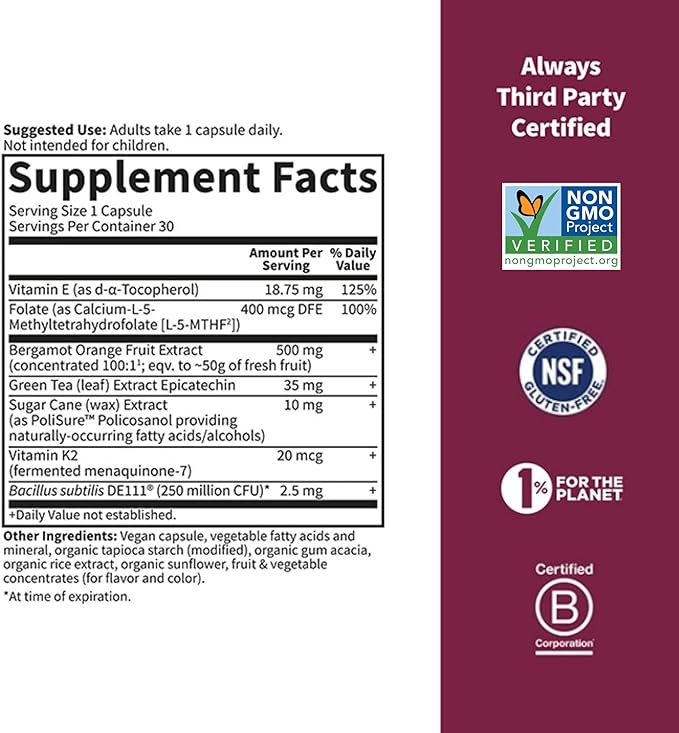 Garden of Life Herbals Heart Health Supplement with Folate, Bergamot, Green Tea & Vitamin E & K for Cholesterol, Circulatory & Blood Pressure Support, Non-GMO, Gluten-Free, Citrus Flavor, 30 Servings