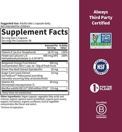 Garden of Life Herbals Heart Health Supplement with Folate, Bergamot, Green Tea & Vitamin E & K for Cholesterol, Circulatory & Blood Pressure Support, Non-GMO, Gluten-Free, Citrus Flavor, 30 Servings