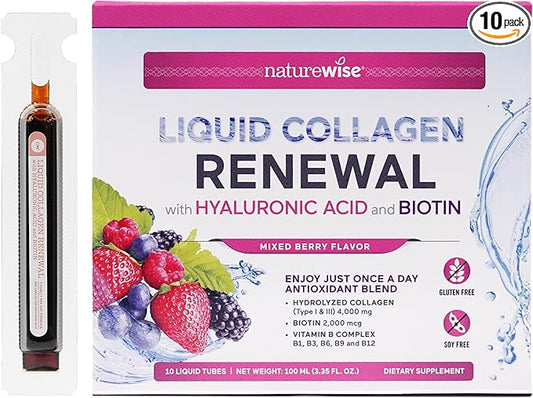 NatureWise Liquid Collagen for Women & Men 4000mg, Type 1 & 3 Peptides with Biotin for Hair, Skin and Nails + Vitamin C + Vitamin B Complex - Low Sugar - Mixed Berry - 10 Tubes