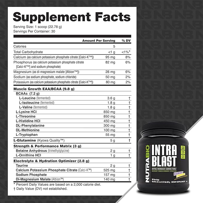 NutraBio Intra Blast BCAA EAA Electrolyte and Hydration Powder - Amino Acid Supplement, EAA/BCAA Powder - Non-GMO and Gluten Free - Blueberry Lemonade - 30 Servings