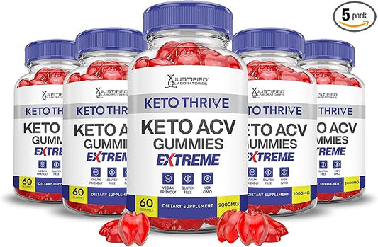(5 Pack) Keto Thrive Keto ACV Gummies Extreme 2000MG Keto Thrive Keto Gummies Apple Cider Vinegar Formulated with Pomegranate Beet Juice Powder B12 Vegan Non GMO 300 Gummys
