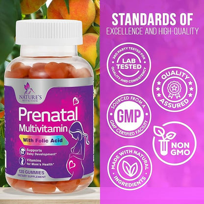 Prenatal Gummy with Folic Acid, Prenatal Vitamins and Minerals for Fetal Support, Vitamin A, C, D3, B12, B6 & Folate, Prenatal Multivitamin for Pregnant & Nursing Women - 120 Gummies, 60 Day Supply