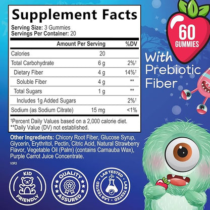 Fiber Gummies for Kids Supplement - Daily Prebiotic Fiber for Kids, Supports Regularity, Digestive Health & Immune Support, Nature's Plant Based Chicory Root Vitamins, Vegan, Berry Flavor, 60 Gummies