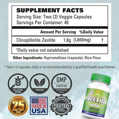Zeolite Pure Capsules | Zeolite Detox, Extra Strength | Pure, Full Body Cleanse for Women, Men | Activated Organic, Food Grade Clinoptilolite Powder 94%, 90 Caps (81 Grams), 6 Wk to 3 Mo Supply