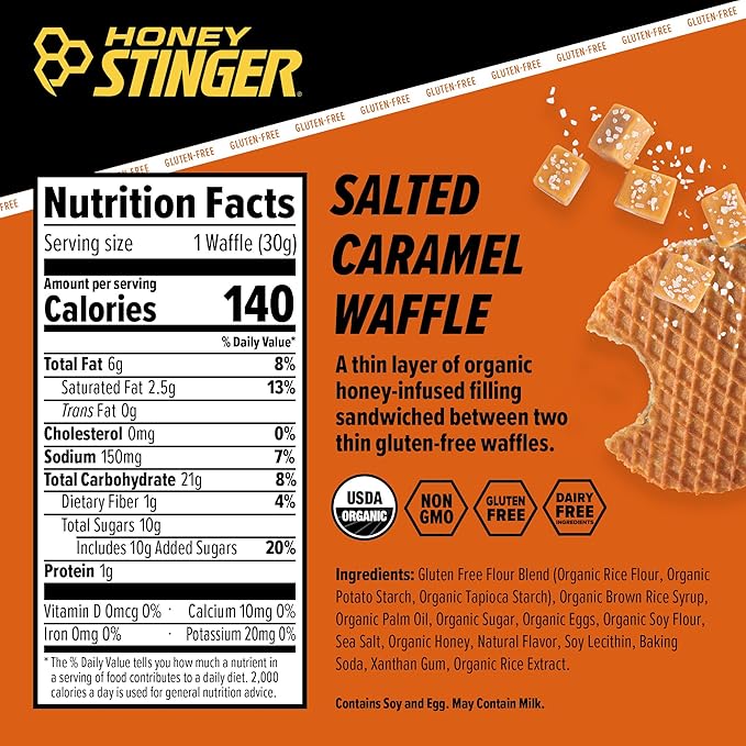 Honey Stinger Organic Gluten Free Salted Caramel Waffle | Energy Stroopwafel for Exercise, Endurance and Performance | Sports Nutrition for Home & Gym, Pre & Post Workout | Box of 16 Waffles, 16.96 Oz