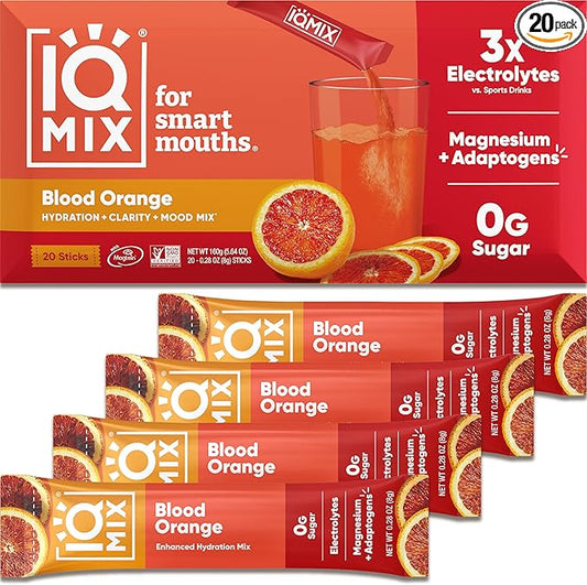 IQMIX Sugar Free Electrolytes Powder Packets - Hydration Supplement Drink Mix with Keto Electrolytes, Lions Mane, Magnesium L-Threonate, and Potassium Citrate - Blood Orange (20 Count)