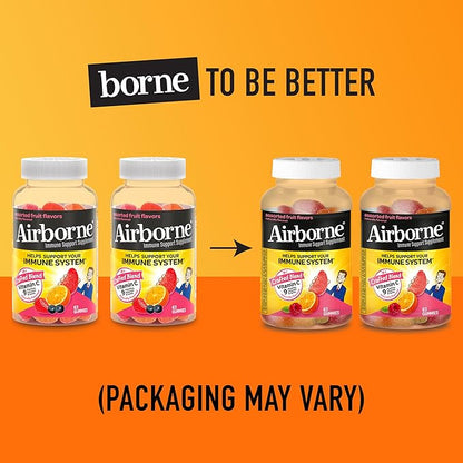 Airborne 750mg Vitamin C Gummies For Adults, Immune Support Gummies With Powerful Antioxidants Vit C & E, Caffeine Free - 2x63ct Bottle (42 Servings), Assorted Fruit Flavor