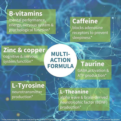 Pure and Essential Focus Comprehensive Nootropic, 200mg Caffeine, L-Theanine, Taurine, L-Tyrosine, B-Vitamins, Non-GMO, Brain Booster and Cognitive Performance, Fast Acting & Non Jittery, 180 Capsules