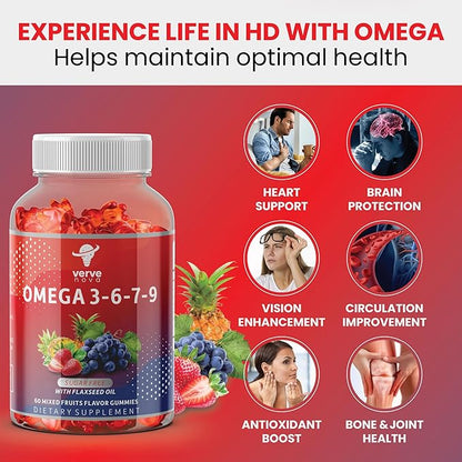 Omega 3 Gummies with Omegas 6, 7, 9, DHA & EPA - Sugar-Free Supplement for Brain, Heart, Eyes & Immune System (Mixed Fruits)
