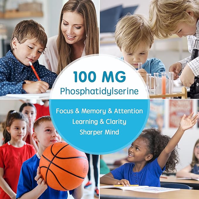 Phosphatidylserine Supplement 100mg, Focus Gummies for Kids Teens + Vitamin C & D3 400IU, Sugar Free Kids Brain Gummies Increase Attention & Concentration, Chewable, Vegan, Gluten Free, Non-GMO 2 Pack