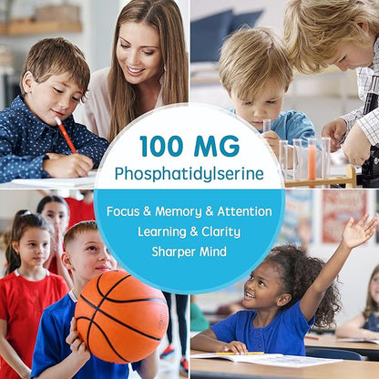Phosphatidylserine Supplement 100mg, Focus Gummies for Kids Teens + Vitamin C & D3 400IU, Sugar Free Kids Brain Gummies Increase Attention & Concentration, Chewable, Vegan, Gluten Free, Non-GMO 2 Pack