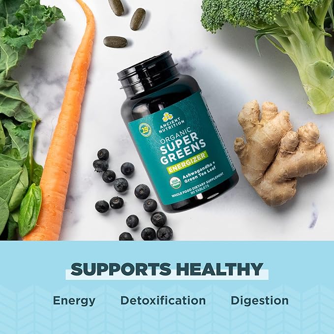 Ancient Nutrition Supergreens Energizer Tablets, Organic Superfood Tablets with Caffeine, Made from Real Fruits, Vegetables and Herbs, for Digestive and Energy Support, 90 Count